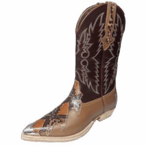 Bota en caña alta, capellada en dos piezas y costura alto relieve con cuero grabado, horma en punta y puntera acerada, taco americano clásico