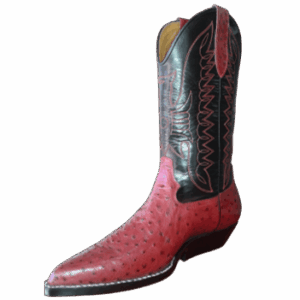 Bota en caña alta, costura en hilo rojo sobre cuero negro , capellada en cuero grabado, horma en punta y taco largo(mexicano)