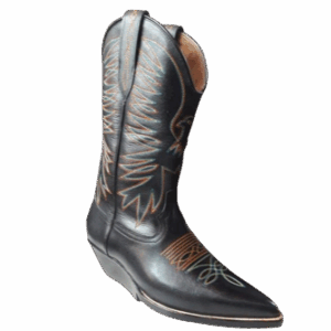 Bota en caña alta, costura en hilo de colores en cuero negro , capellada en costura clásica y taco largo(mexicano)
